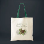Tote Bag Sirène de Noël de la plage de l'île tropicale<br><div class="desc">Sacs cadeaux personnalisés Bridesmaid avec un thème tropical Noël / Décembre mariage. Gros dollars de sable, étoiles de mer et feuilles saints design sur totes en tissu avec deux places pour le texte personnalisé. Le texte est vert foncé et la poignée est livré dans une variété de couleurs. Ou choisissez...</div>