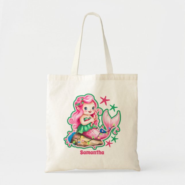 Tote Bag Sirène de Noël rose Personnalisé Enfants (Devant)