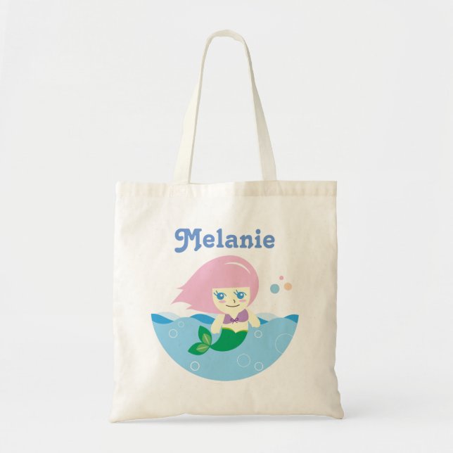 Tote Bag Sirène mignonne avec les cheveux roses (Devant)