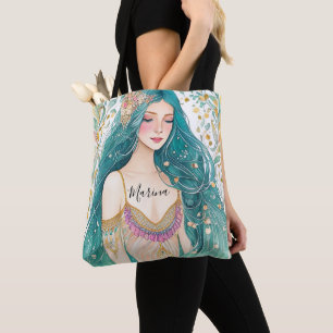 Tote Bag Sirène Princesse Florale Fantastique Or Sarcelle É