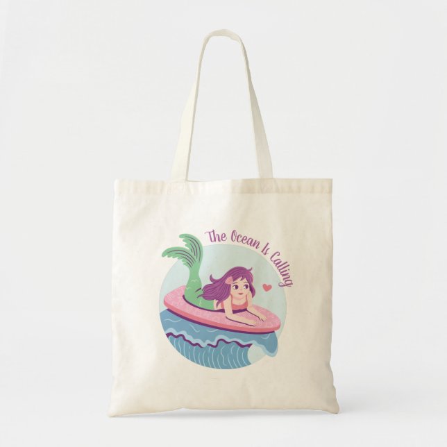 Tote Bag Sirène sur planche de surf rose L'océan appelle (Devant)