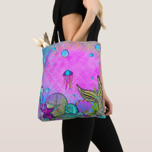 Tote Bag Sirènes & Coquillages sous la mer Rose Étincelle