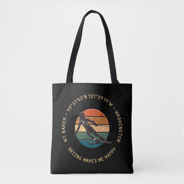 Tote Bag Ski Mt. Baker, Washington - Lady Skier Texte Jaune (Devant)