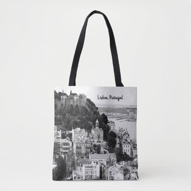 Tote Bag Skyline noir et blanc Lisbonne Portugal (Devant)