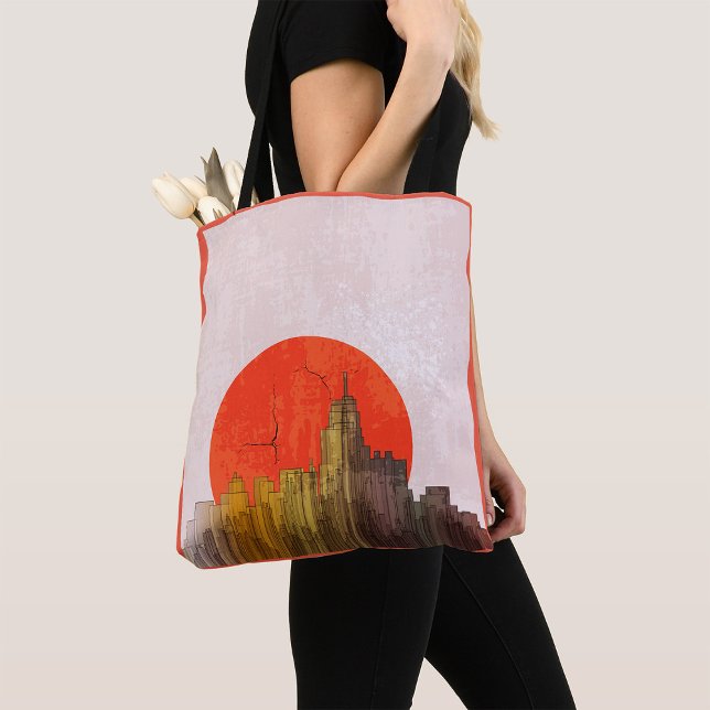 Tote Bag Skyline urbain avec Red Sun Grunge Cityscape (Créateur téléchargé)