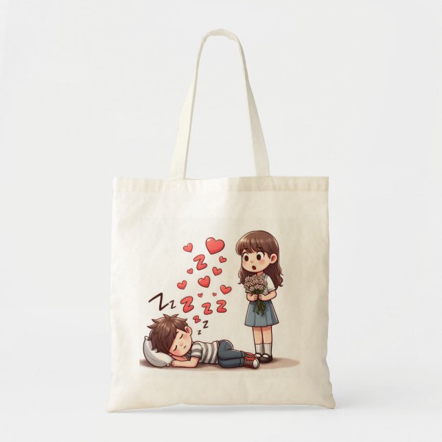 Tote Bag Sleepy Boy and Girl with Flowers (Devant)