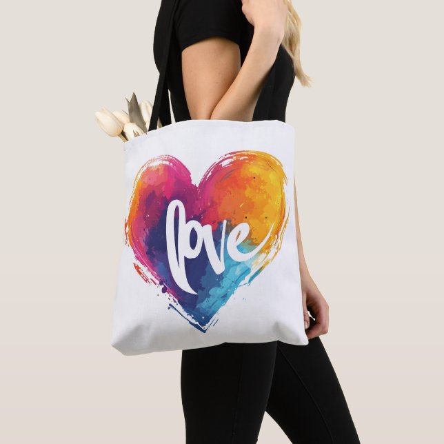 Tote Bag Slogan d'amour du coeur arc-en-ciel (De près)