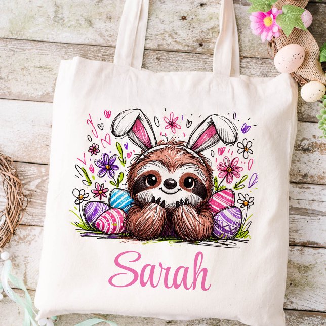 Tote Bag Sloth Pâques Nom Enfants Filles Lapin (Sloth Girls Easter Tote)