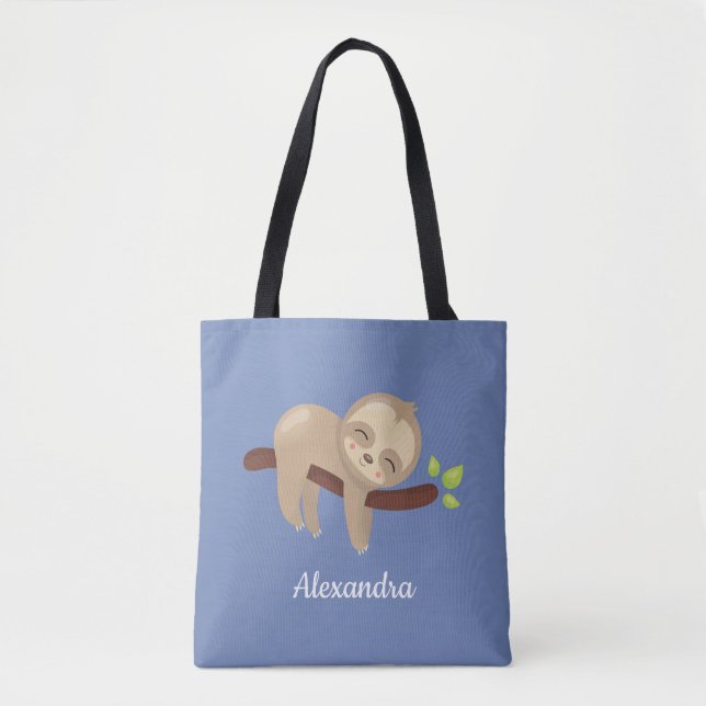 Tote Bag Sloth sur Branche Kawaii Style Animal Bleu (Devant)