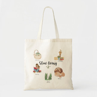 Tote Bag Slow Living Watercolor Illustration – Cozy Cottage