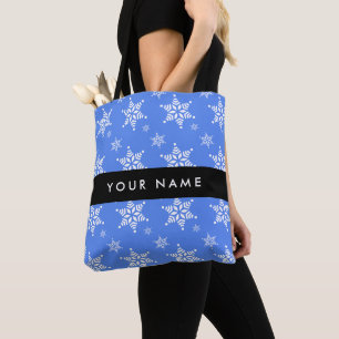 Tote Bag Snowflakes blanc, Bleu, Votre nom, Personnaliser