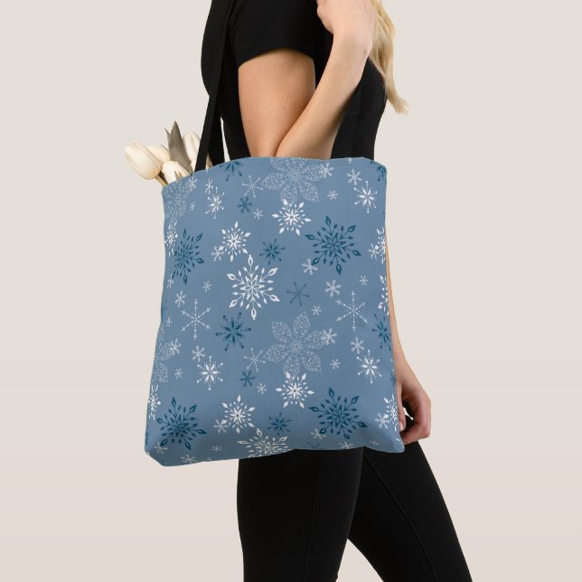 Tote Bag Snowflakes, Bleu & Blanc, Douches à neige hivernal (De près)