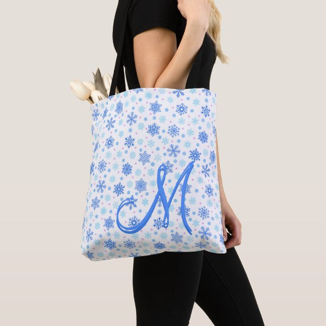 Tote Bag Snowflakes Pastel Baby Blue Moderne Personnalisé M (De près)