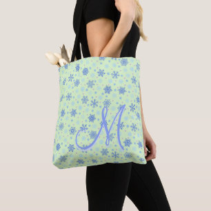 Tote Bag Snowflakes Pastel Green Moderne Élégant Monogramme