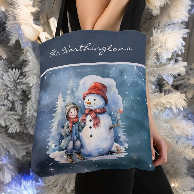 Tote Bag Snowman et garçon avec Écharpes Starry Night Monog (Créateur téléchargé)