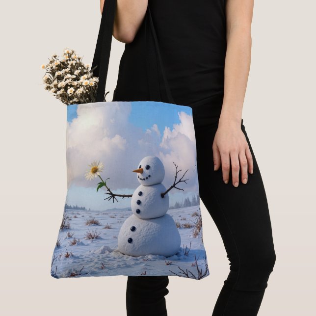 Tote Bag Snowman Holding a White Daisy (De près)