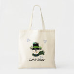 Tote Bag Snowman - Let it Snow<br><div class="desc">A cute snowman in a tall black hat with little birds on the brim. The saying 'let it snow' can be changed as desired.</div>