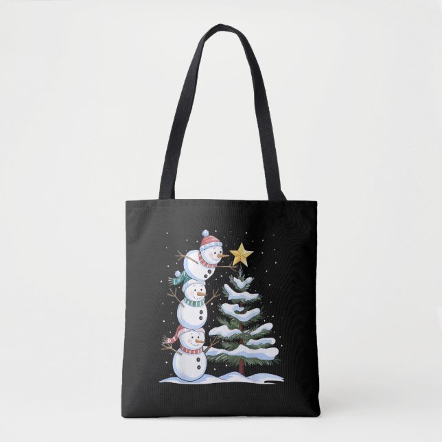 Tote Bag Snowman Merry Christmas Santa Claus Tree Snow Fami (Devant)