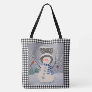 Tote Bag Snowman mignon Avec Cardinal Sur Buffle Noir Plaid