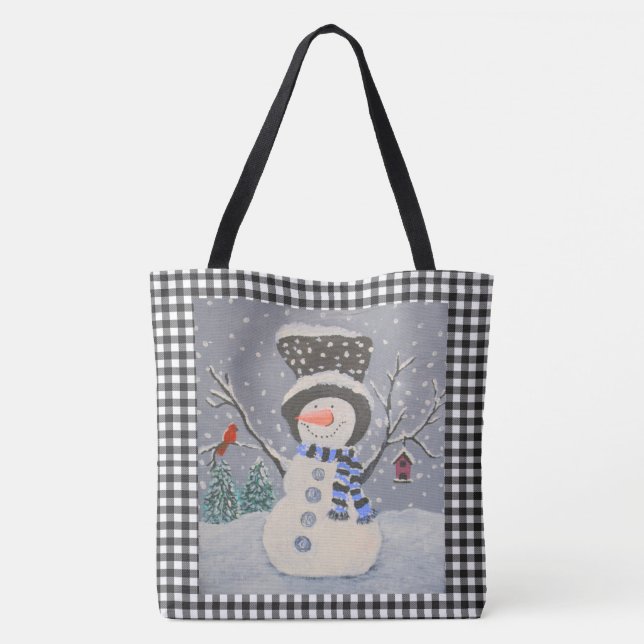 Tote Bag Snowman mignon Avec Cardinal Sur Buffle Noir Plaid (Dos)