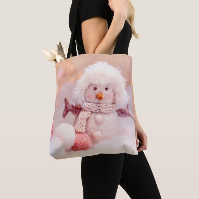 Tote Bag Snowman rose et blanc de Noël (De près)