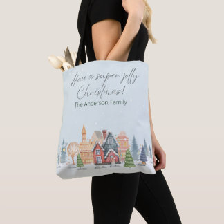 Tote Bag Snowy Christmas Village Watercolor Scene