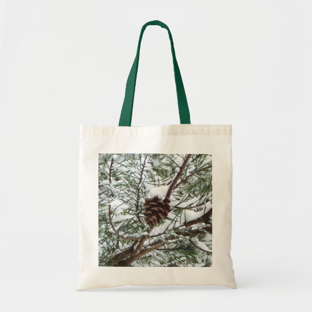 Tote Bag Snowy Pine Cône II hiver Photographie de la nature (Devant)