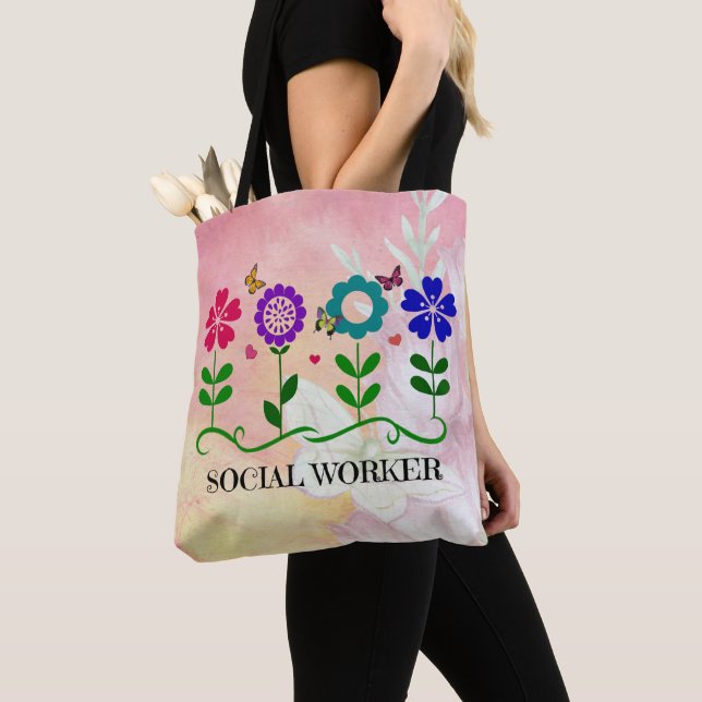 Tote Bag Social Worker, Graphic Flowers Design (De près)