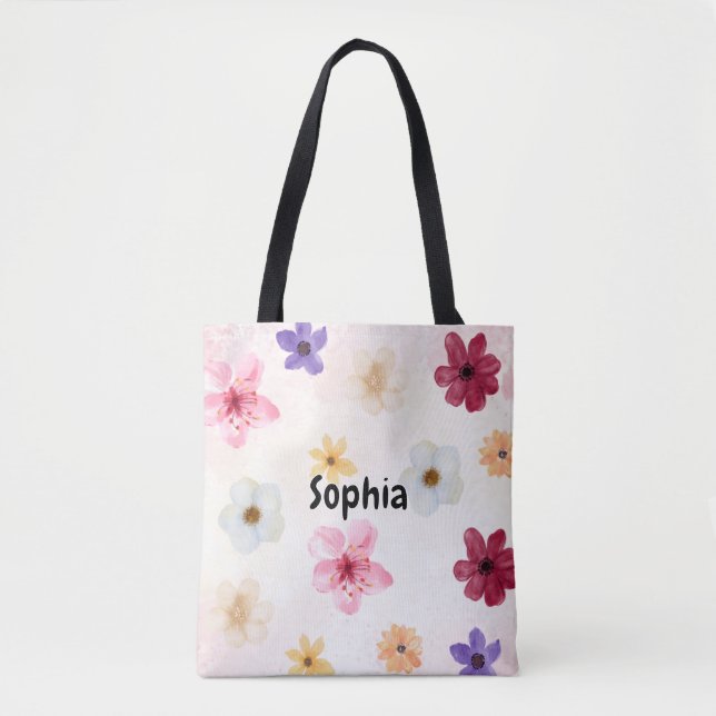 Tote Bag Soft Watercolor Floral Personalized Name (Devant)
