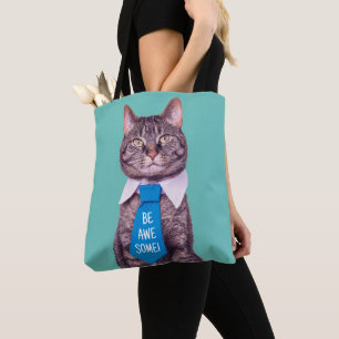 Tote Bag "SOIS INCROYABLE !" Chat en bleu Cravate sur Turqu