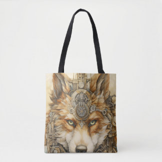 Tote Bag Solarpunk Red Wolf Steampunk inspiration