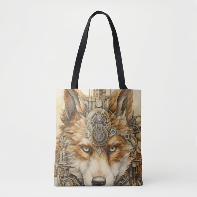 Tote Bag Solarpunk Red Wolf Steampunk inspiration (Devant)