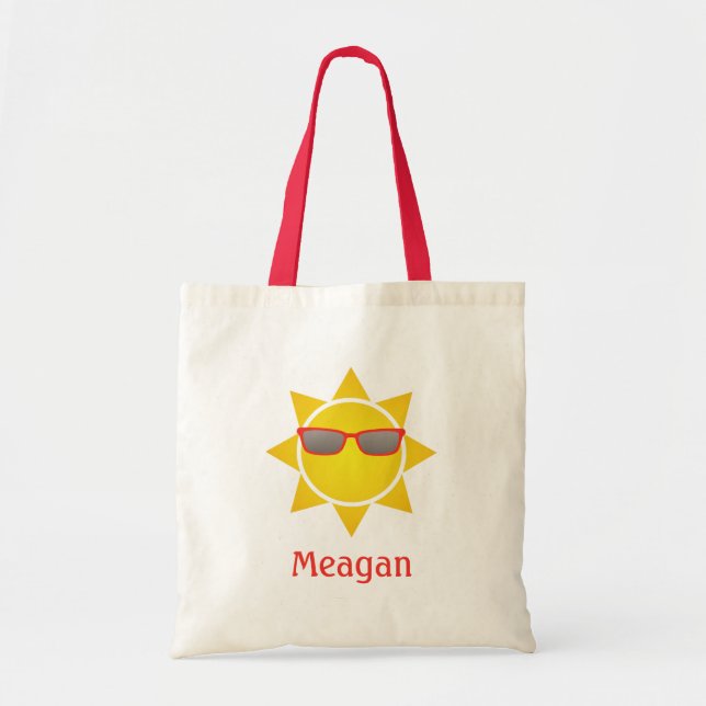 Tote Bag Soleil à dégradé jaune avec nuances rouges et nom (Devant)