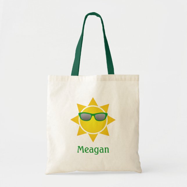 Tote Bag Soleil à dégradé jaune avec nuances vertes et nom (Devant)