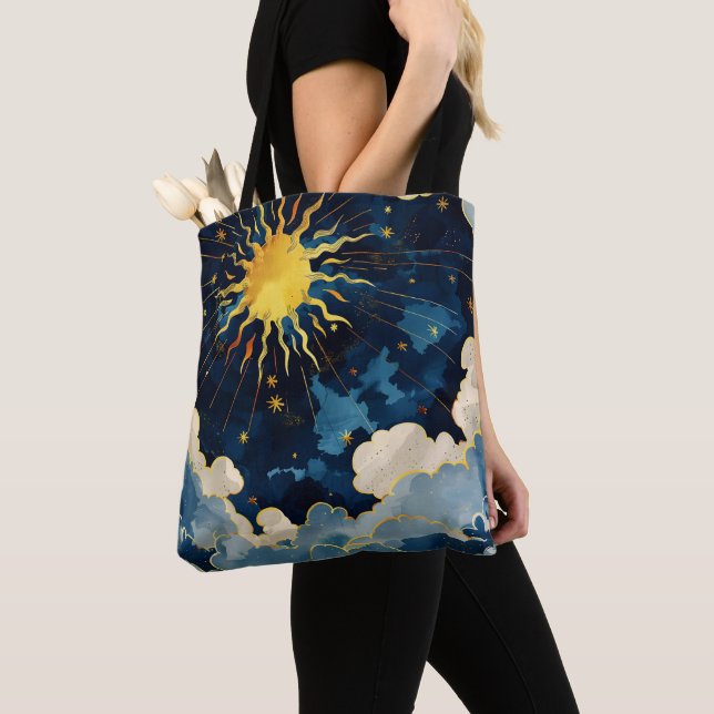 Tote Bag Soleil céleste moderne, étoiles et nuages bleus (De près)
