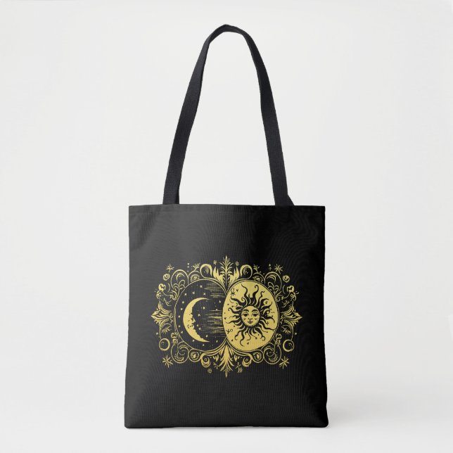 Tote Bag Soleil et Lune mystique en or (Devant)