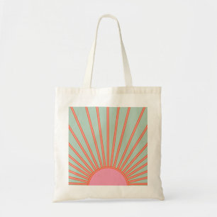 Tote Bag Soleil Lever Vert Et Rose Abstrait Retro Soleil