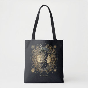 Tote Bag Soleil Lune Étoiles Céleste Personnalisé Noir