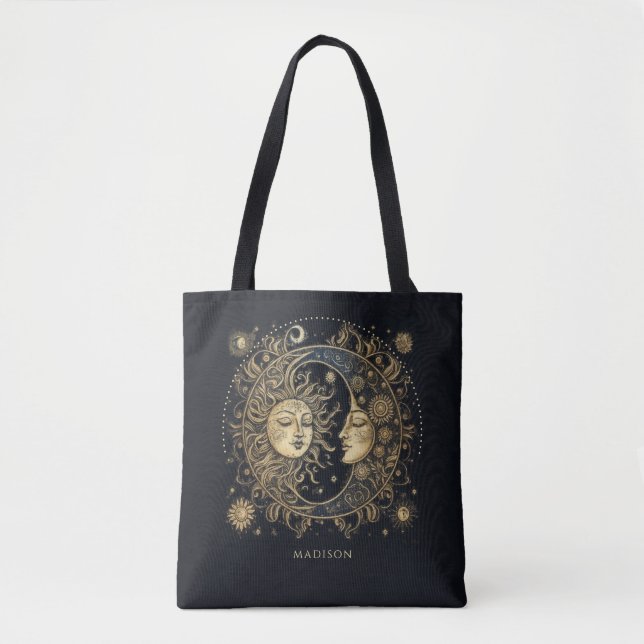 Tote Bag Soleil Lune Étoiles Céleste Personnalisé Noir (Devant)