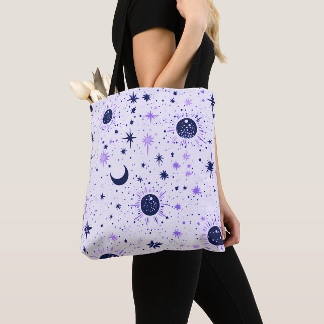 Tote Bag Soleil Lune Étoiles Célestes Noir et Violet (De près)