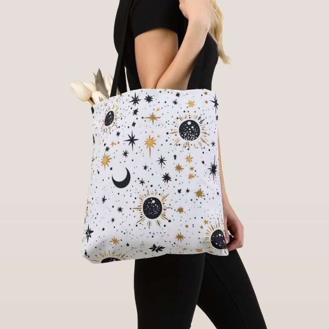 Tote Bag Soleil Lune Étoiles Noir et Or Céleste (De près)