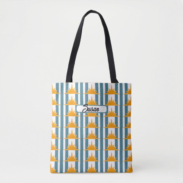 Tote Bag Soleil orange jaune sur bandes Turquoises (Devant)