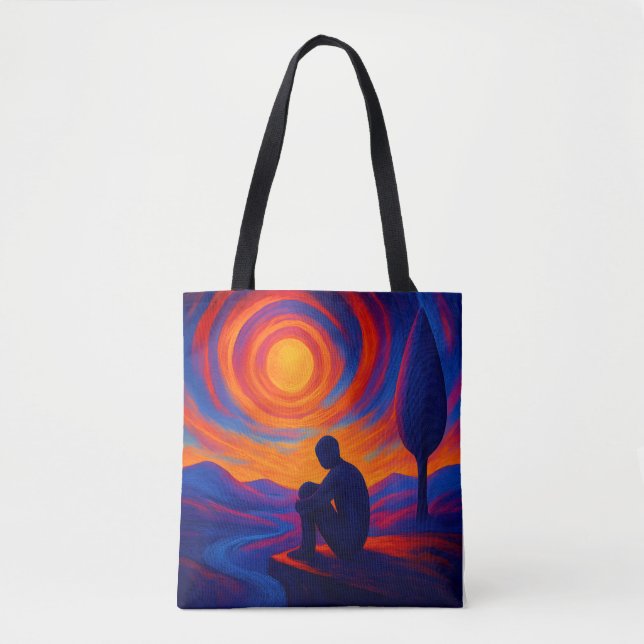 Tote Bag Solitude sous le soleil abstrait bleu, feu orange (Devant)