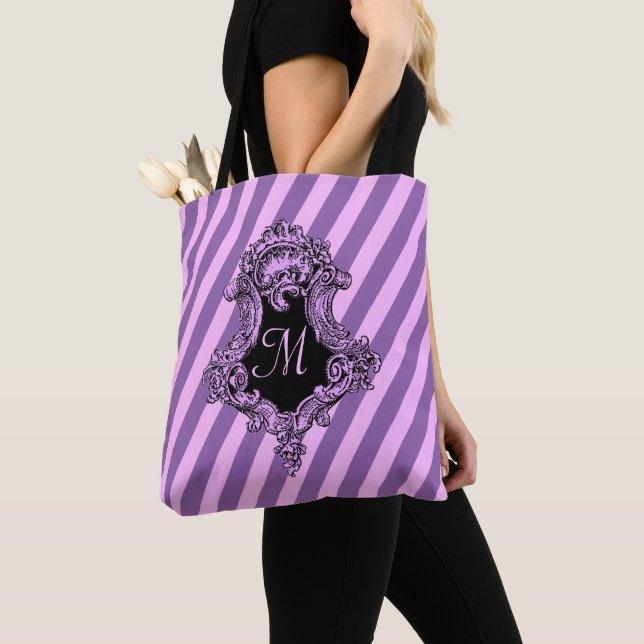 Tote Bag Sophistiqué en bande rose Monogramme (De près)