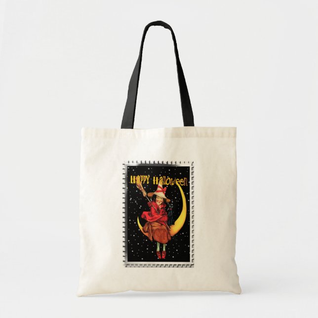 Tote Bag Sorcière de Halloween nostalgique et son chat (Devant)