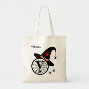 Tote Bag Sorcière d'Halloween Araignée Monogramme V Nom per