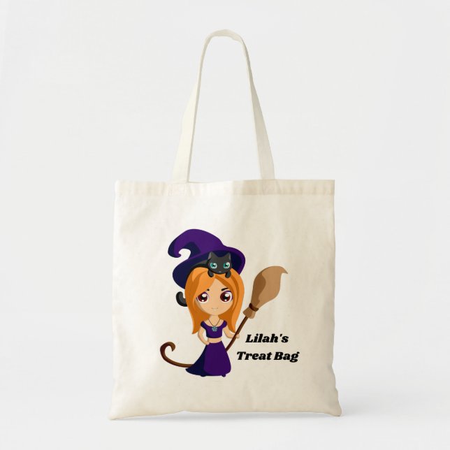 Tote Bag Sorcière d'Halloween avec chat noir (Devant)