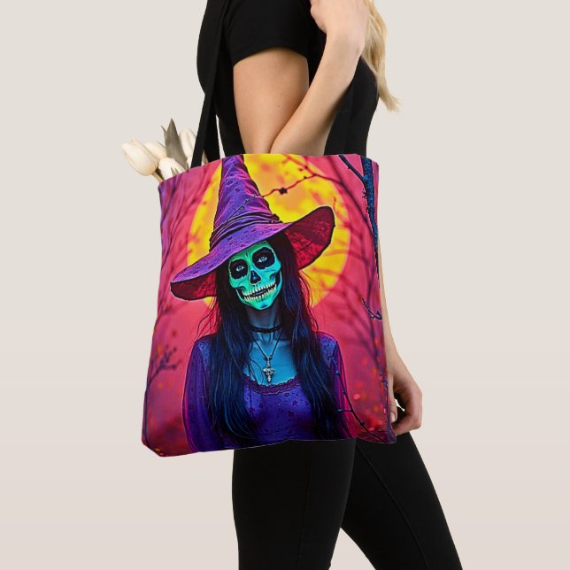 Tote Bag Sorcière d'Halloween avec conception de visage crâ (De près)