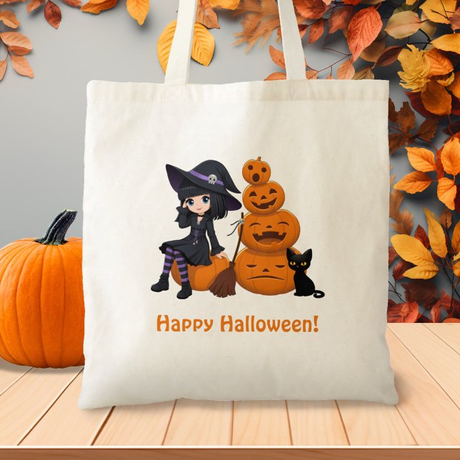Tote Bag Sorcière d'Halloween, chat noir et citrouilles (Créateur téléchargé)