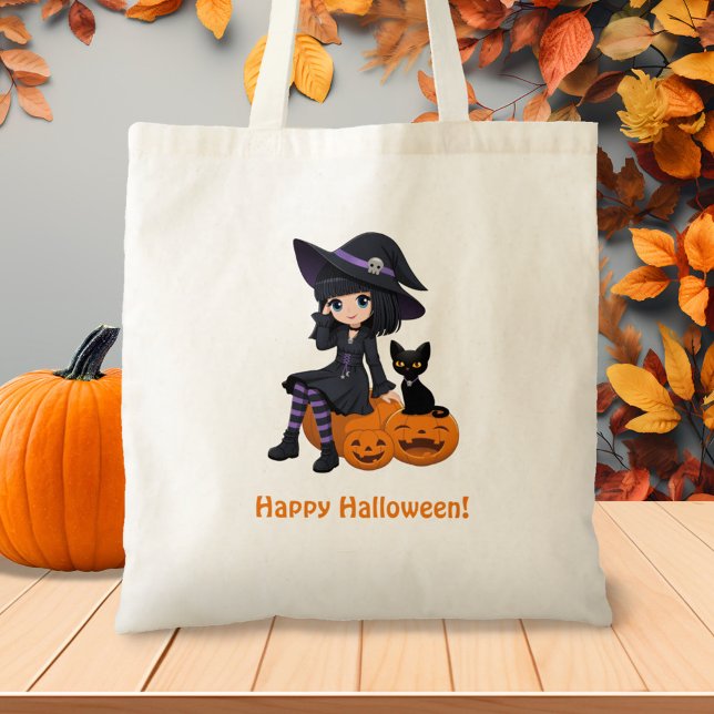 Tote Bag Sorcière d'Halloween, Chat Noir et Citrouilles Cou (Créateur téléchargé)